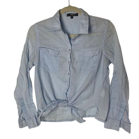 Jennyfer Blue Tie Front Button Down Shirt Women’s Size Small - Picture 2 of 6